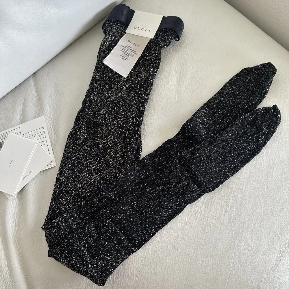 NEW GUCCI TIGHTS BLACK GOLD KNIT GG SZ M 691619 - Picture 4 of 9